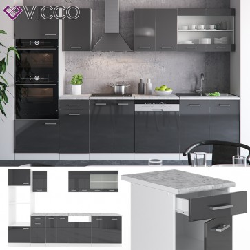 VICCO Küche R-Line 300 cm Anthrazit hochglanz + Arbeitsplatten