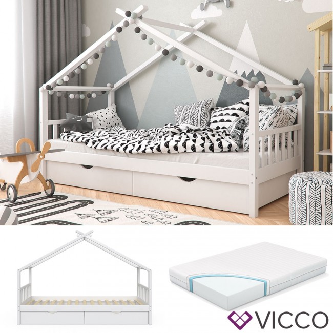 VICCO Kinderbett mit Schubladen, Lattenrost & Matratze