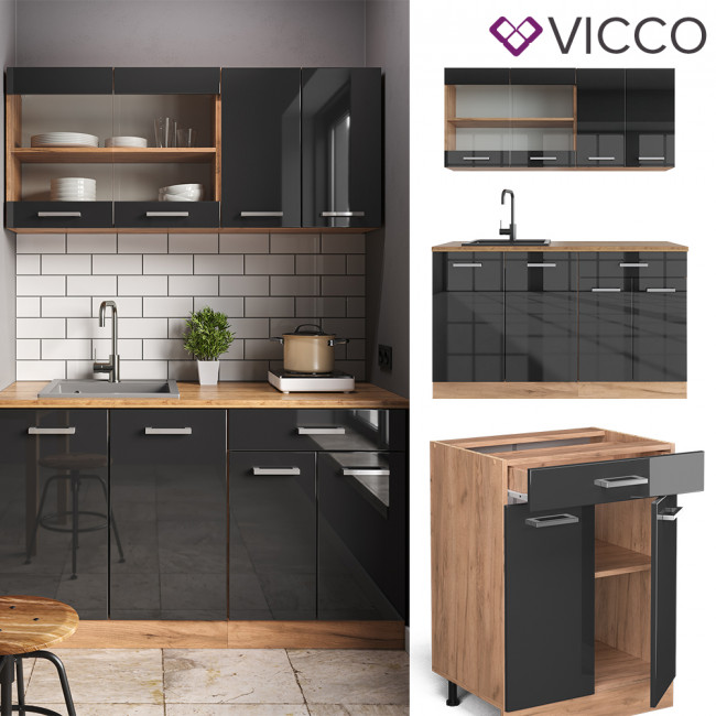 Küchenzeile Einbauküche Anthrazit Küchenblock Single HGL R-Line Vicco Front