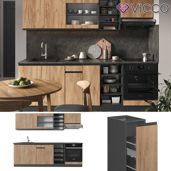 Vicco Küchenzeile Küchenschränke Einbauküche R-Line Küchenmöbel Anthrazit cm 240 J-Shape Eiche Küchenblock modern