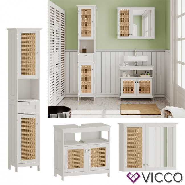 Vicco Badmöbel-Set Rosario, Weiß, Badezimmer, Waschtischunterschrank, Serie, dekorative Spiegelschrank, Front, Hochschrank moderne