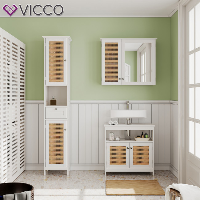 Vicco Badmöbel-Set Weiß, dekorative Badezimmer, Spiegelschrank, Front, Rosario, Serie, Hochschrank Waschtischunterschrank, moderne
