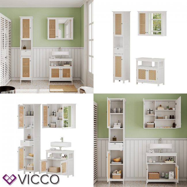 Vicco Badmöbel-Set Rosario, Weiß, moderne Spiegelschrank, Badezimmer, dekorative Front, Serie, Hochschrank Waschtischunterschrank