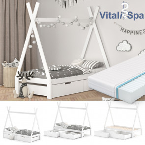 VITALISPA Kinderbett TIPI Hausbett-Weiß-mit Schubladenset und Matratze