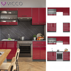 Vicco Küchenzeile Küchenblock Einbauküche 200cm Fame-Line Bordeaux Hochglanz